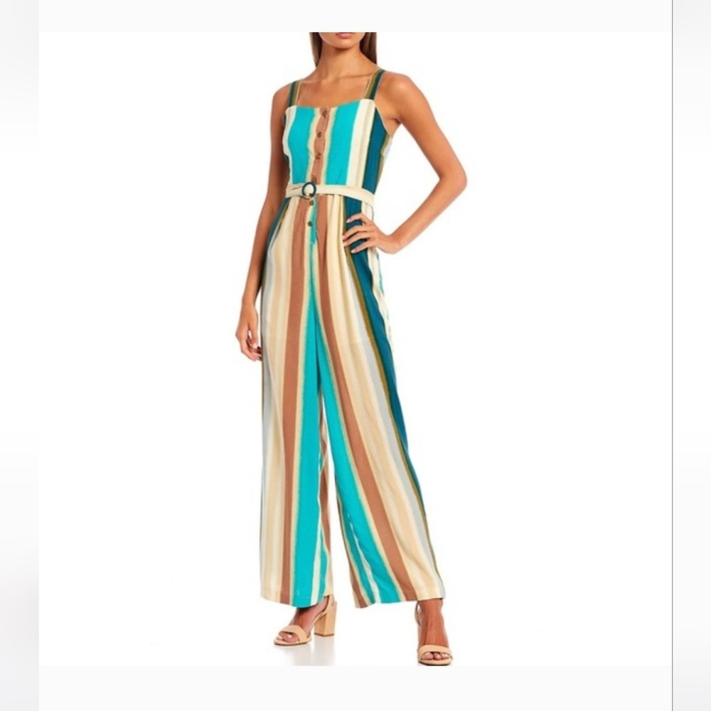 Striped Halter-Bodice Wide-Leg Jumpsuit in Teal and Tan